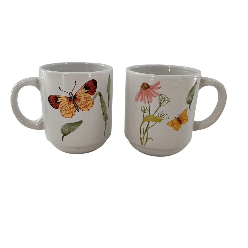 2x Old East‎ Main Co Smooth 12 oz Coffee Tea Mug Cup Butterfly Wildflower Gift b